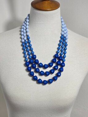 Jules Three-Strand Statement Necklace Faceted Blue Beads in Ombre Gradiant